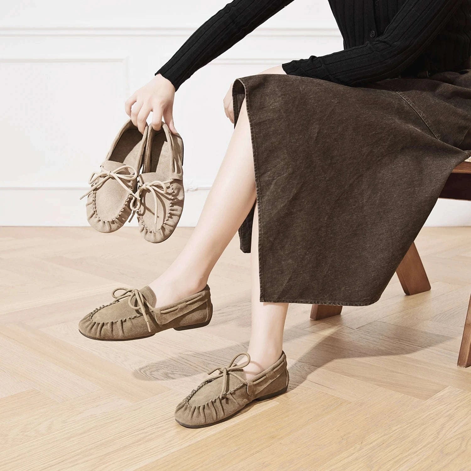 Women's Hand-Sewn Pleated Loafers Flats-brown / 39 / China Mainland