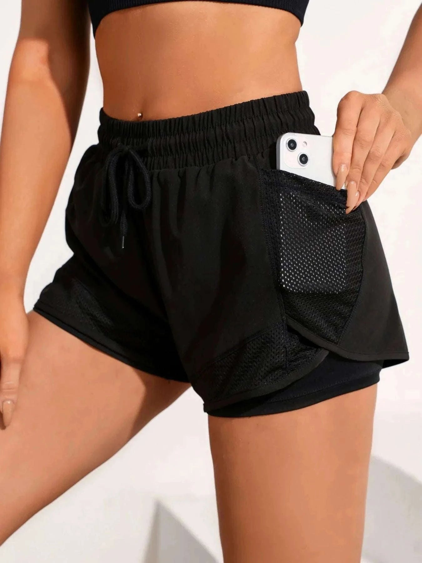 Women’s High-Waist Yoga Shorts with Mesh and Side Pocket-rose red / L