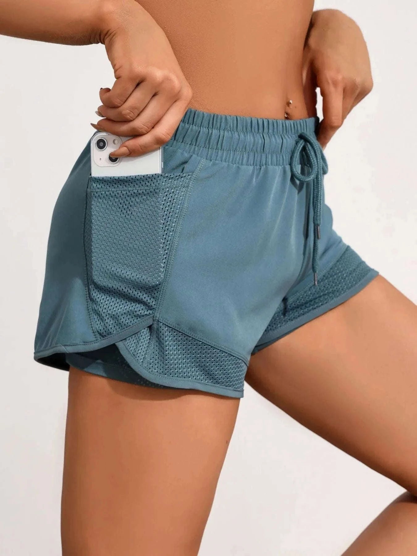 Women’s High-Waist Yoga Shorts with Mesh and Side Pocket-rose red / L