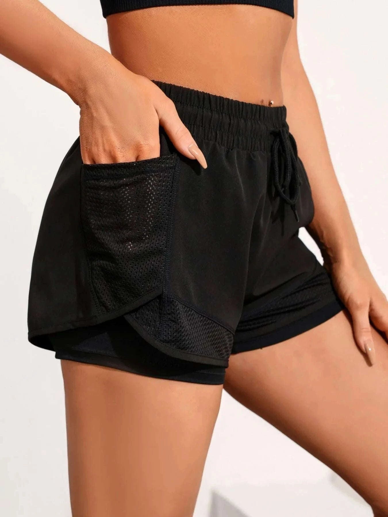 Women’s High-Waist Yoga Shorts with Mesh and Side Pocket-rose red / L