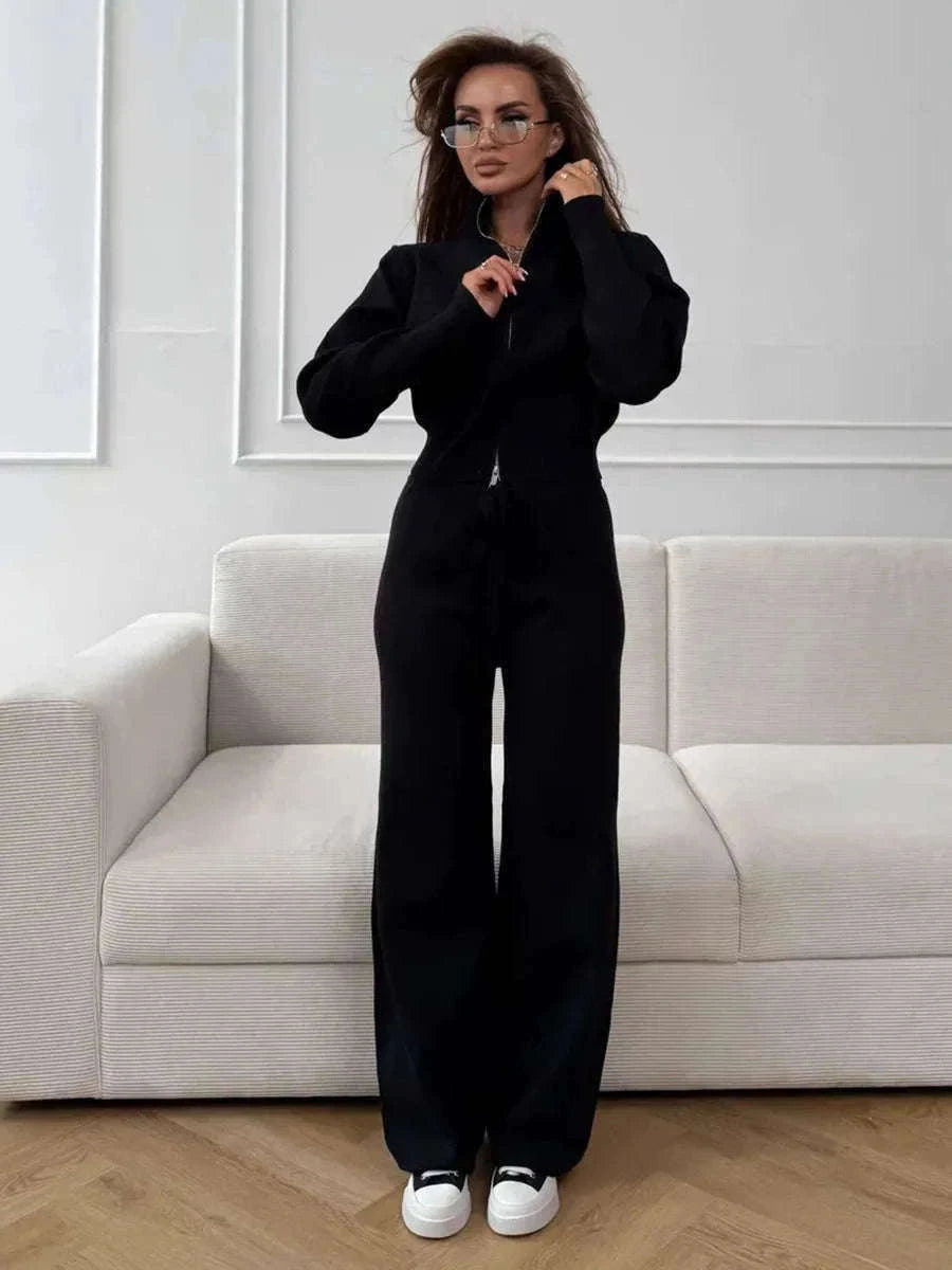 Women’s Knit Zip-Up Cardigan and Wide Leg Pants Lounge Set-Burgundy / L