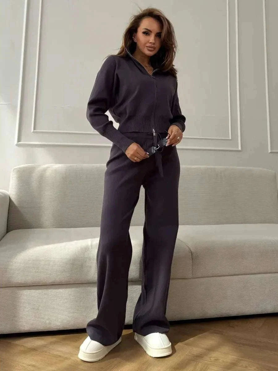 Women’s Knit Zip-Up Cardigan and Wide Leg Pants Lounge Set-Burgundy / L