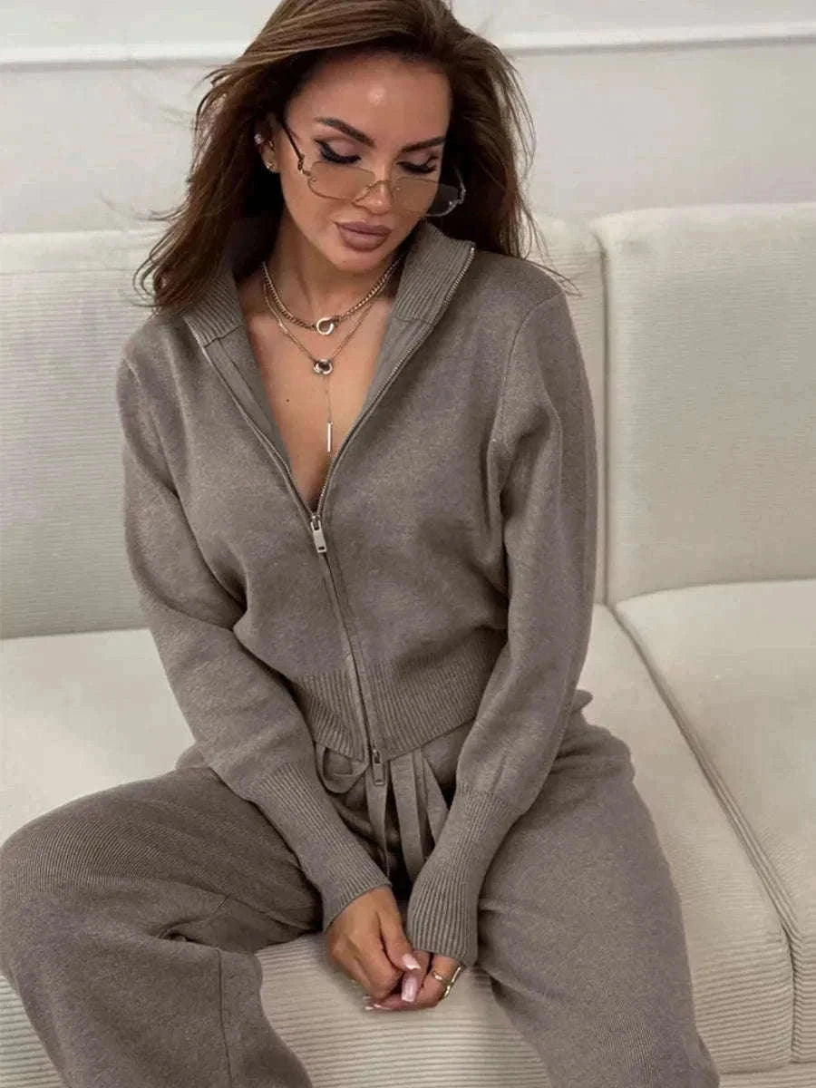 Women’s Knit Zip-Up Cardigan and Wide Leg Pants Lounge Set-Burgundy / L