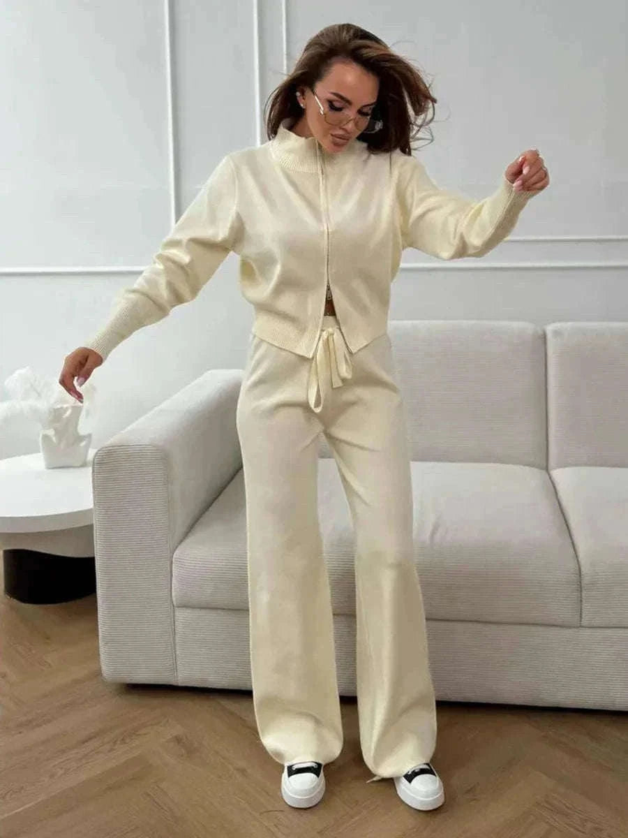 Women’s Knit Zip-Up Cardigan and Wide Leg Pants Lounge Set-Burgundy / L