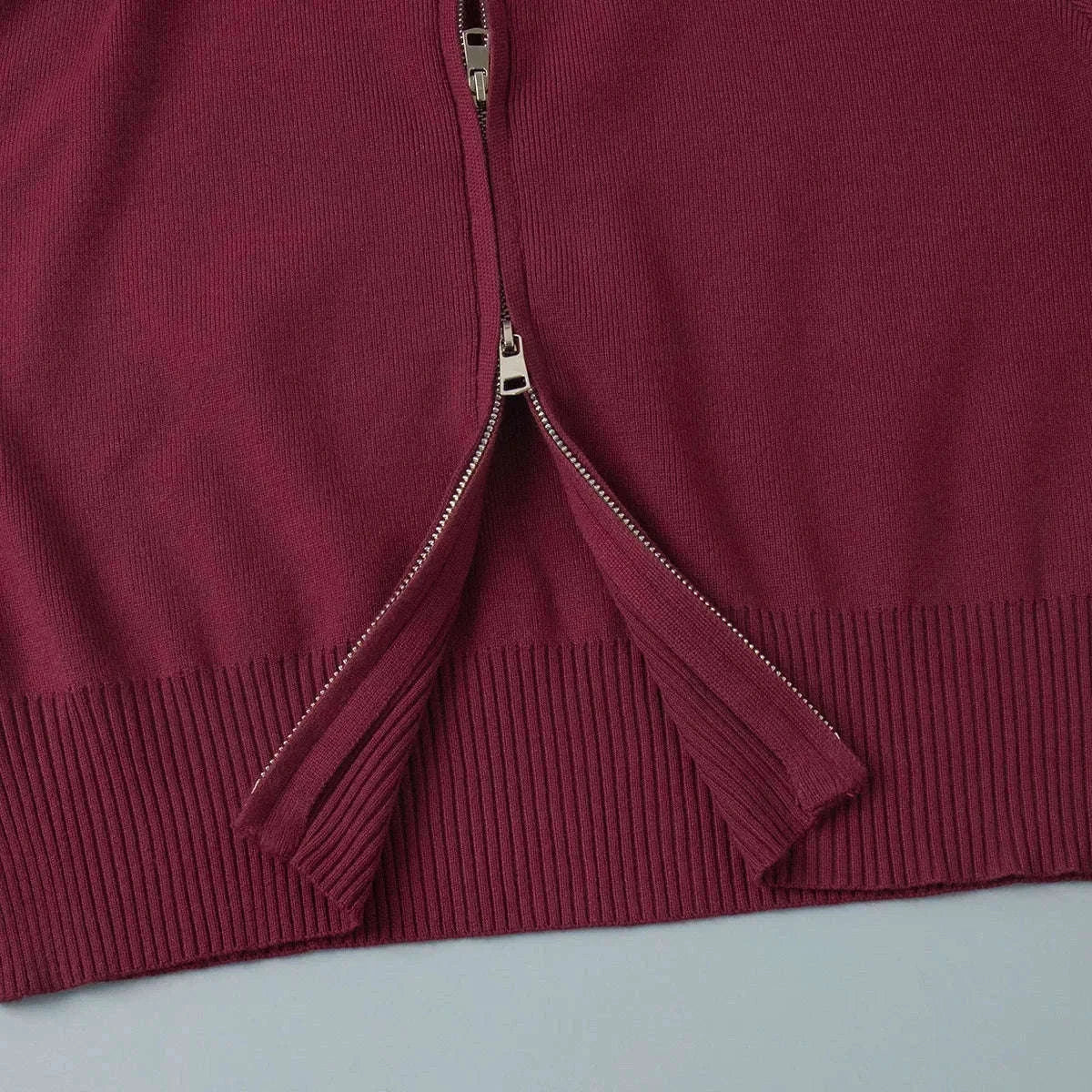 Women’s Knit Zip-Up Cardigan and Wide Leg Pants Lounge Set-Burgundy / L
