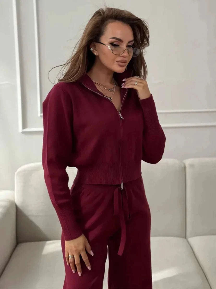 Women’s Knit Zip-Up Cardigan and Wide Leg Pants Lounge Set-Burgundy / L