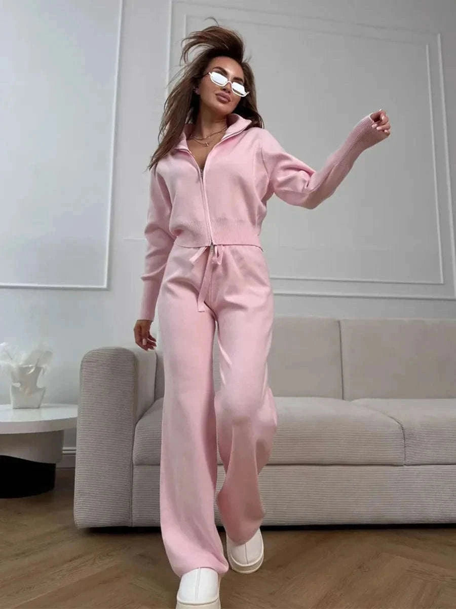 Women’s Knit Zip-Up Cardigan and Wide Leg Pants Lounge Set-Burgundy / L
