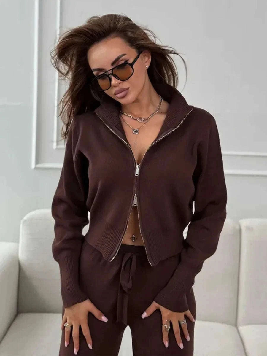 Women’s Knit Zip-Up Cardigan and Wide Leg Pants Lounge Set-Burgundy / L