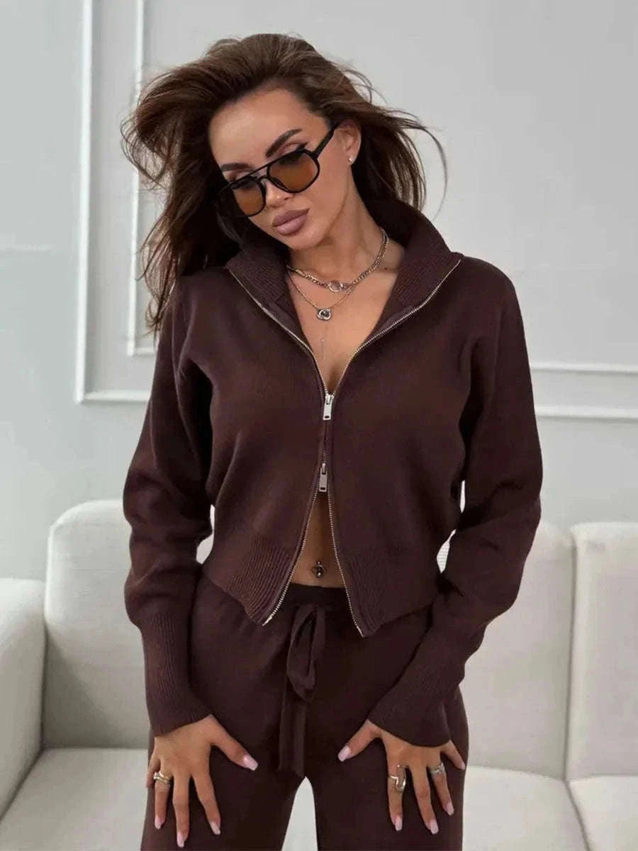 Women’s Knit Zip-Up Cardigan and Wide Leg Pants Lounge Set-Burgundy / L