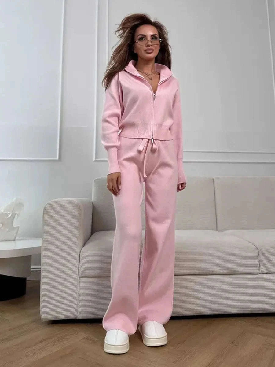 Women’s Knit Zip-Up Cardigan and Wide Leg Pants Lounge Set-Burgundy / L