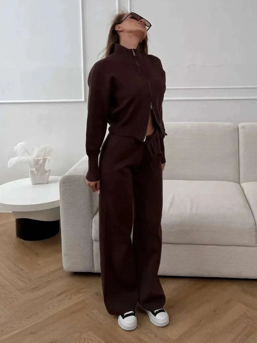 Women’s Knit Zip-Up Cardigan and Wide Leg Pants Lounge Set-Burgundy / L