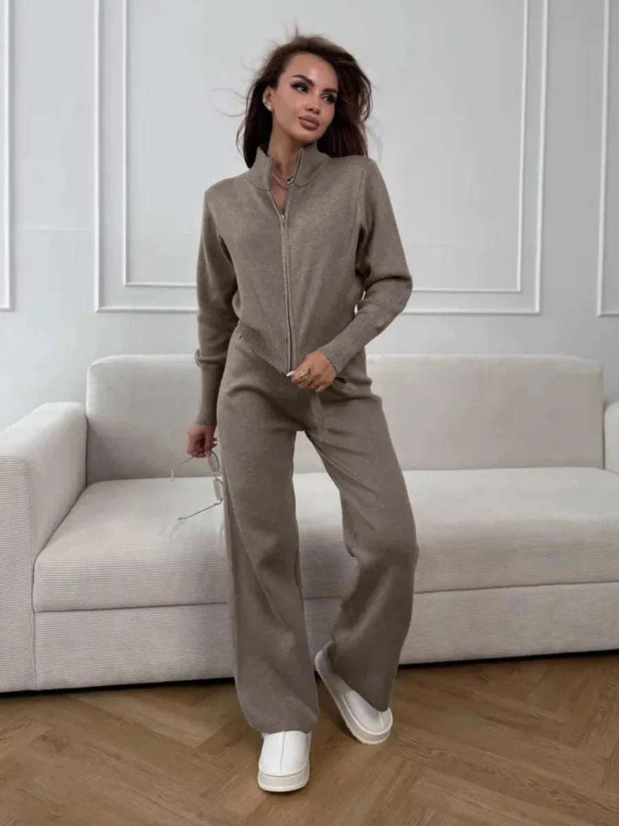 Women’s Knit Zip-Up Cardigan and Wide Leg Pants Lounge Set-Burgundy / L
