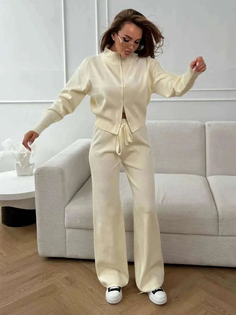 Women’s Knit Zip-Up Cardigan and Wide Leg Pants Lounge Set-Burgundy / L