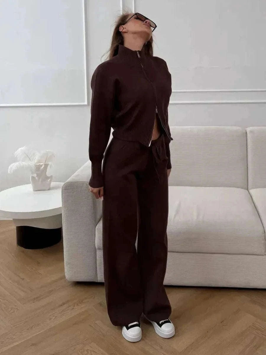Women’s Knit Zip-Up Cardigan and Wide Leg Pants Lounge Set-Burgundy / L