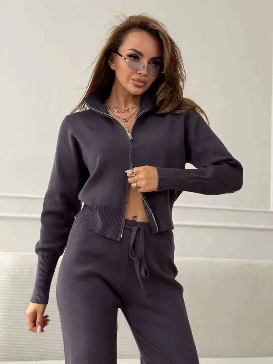 Women’s Knit Zip-Up Cardigan and Wide Leg Pants Lounge Set-Burgundy / L