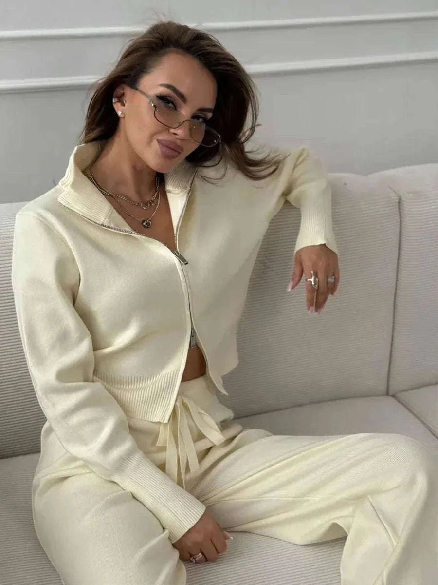 Women’s Knit Zip-Up Cardigan and Wide Leg Pants Lounge Set-Burgundy / L