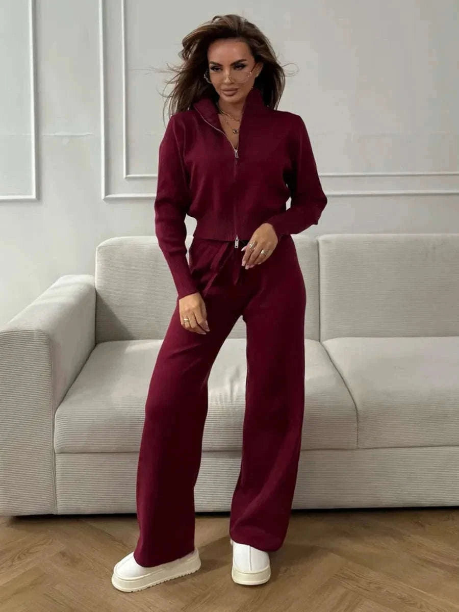 Women’s Knit Zip-Up Cardigan and Wide Leg Pants Lounge Set-Burgundy / L