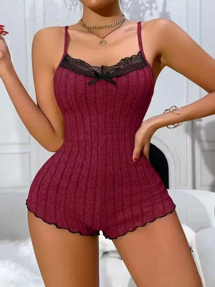 Women’s Lace Butterfly Back Onesie Pajamas Striped Lounge Bodysuit-Wine Red / XL