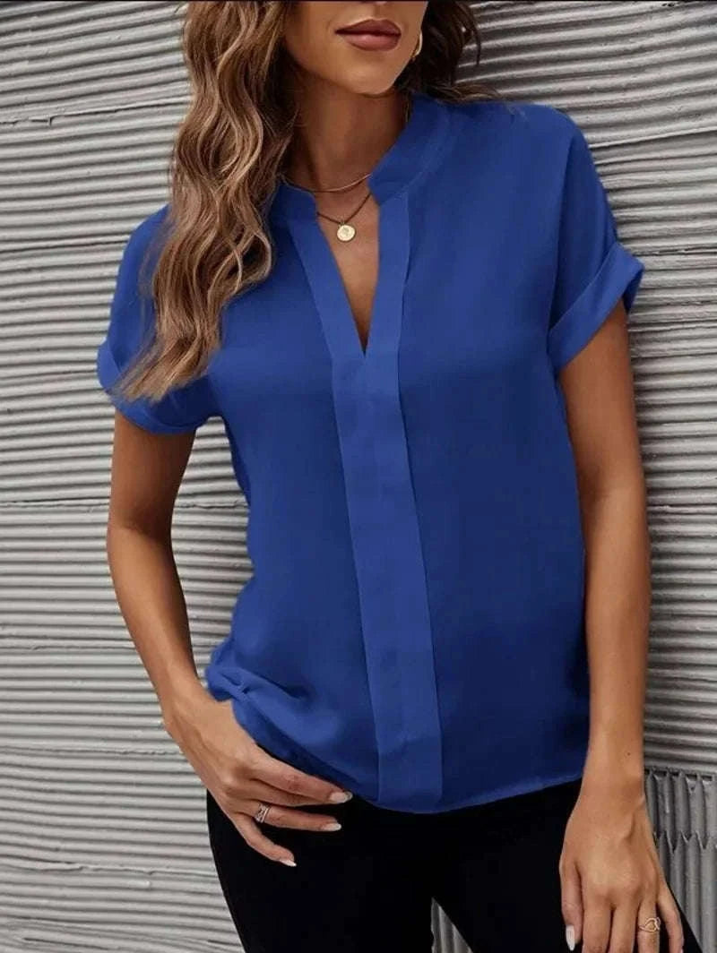 Women's Lightweight V-Neck Chiffon Button-Up Summer Shirt-XXXL / WHITE