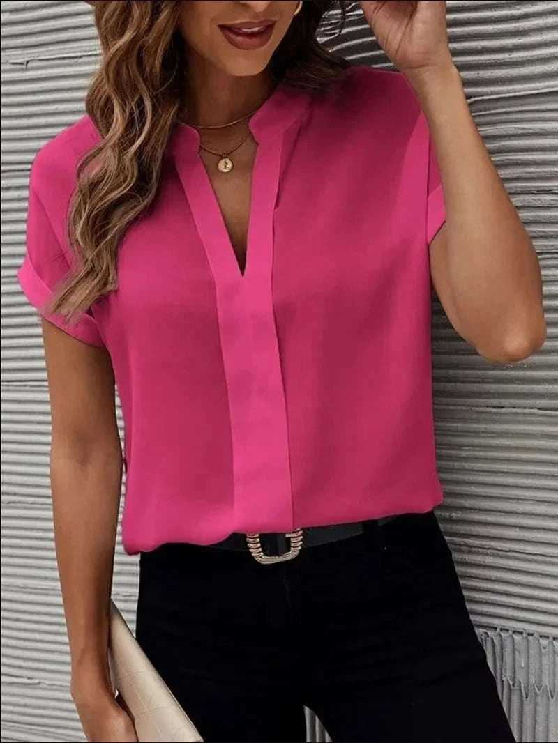 Women's Lightweight V-Neck Chiffon Button-Up Summer Shirt-XXXL / WHITE