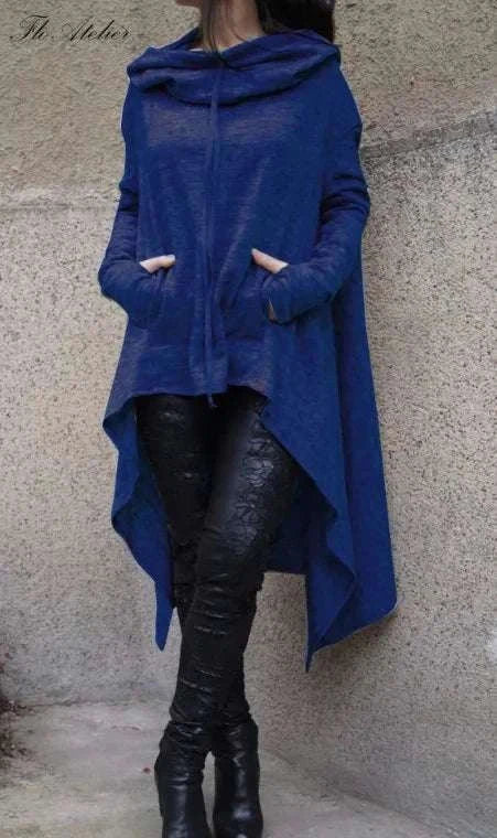 Women's Long Loose Hoodie Dress with Pockets Solid Color-black / XXXL