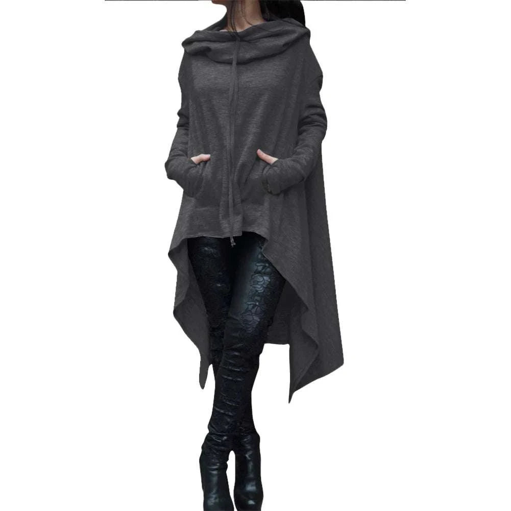 Women's Long Loose Hoodie Dress with Pockets Solid Color-black / XXXL