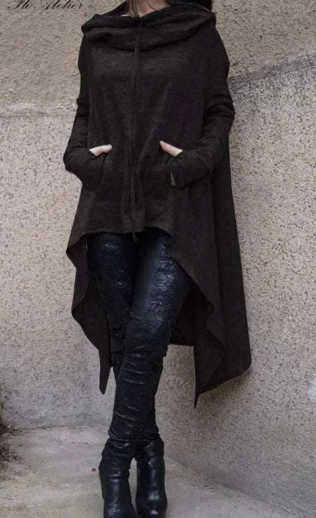 Women's Long Loose Hoodie Dress with Pockets Solid Color-black / XXXL