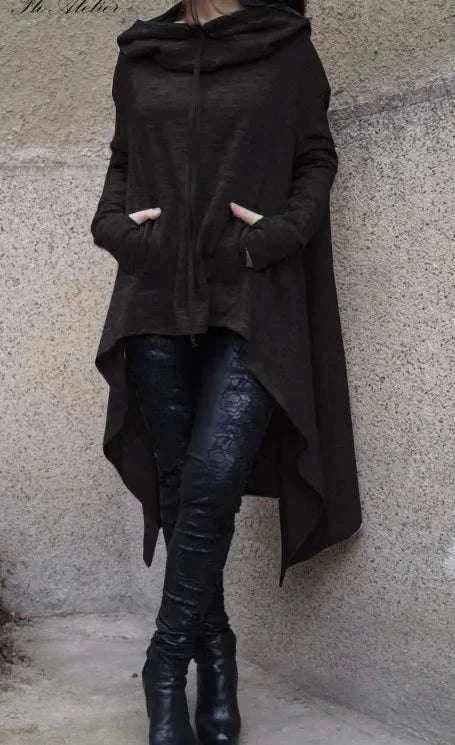 Women's Long Loose Hoodie Dress with Pockets Solid Color-black / XXXL