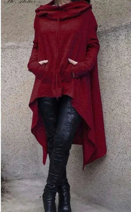 Women's Long Loose Hoodie Dress with Pockets Solid Color-black / XXXL