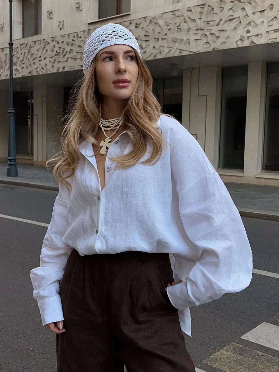 Women's Loose Cotton Button-Up Shirt Cardigan for Spring Summer-White / M