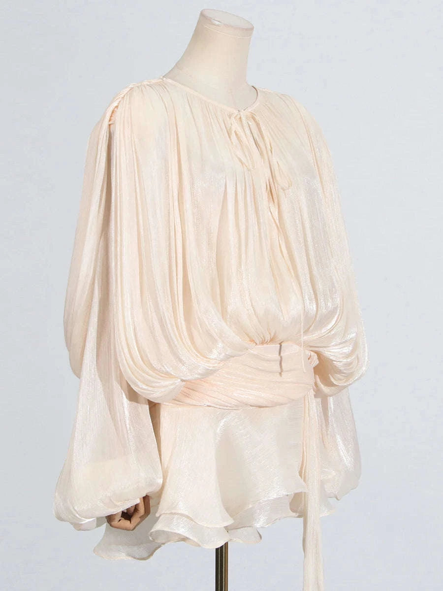 Women's Loose Lace-Up Patchwork Dress-APRICOT / XL