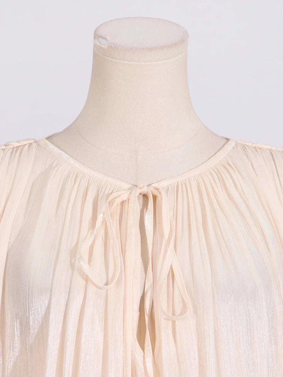 Women's Loose Lace-Up Patchwork Dress-APRICOT / XL