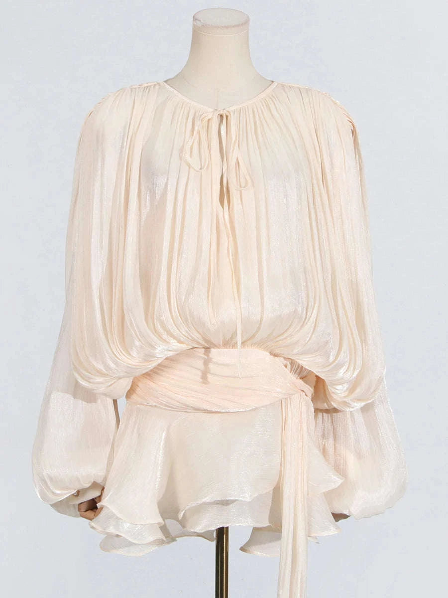 Women's Loose Lace-Up Patchwork Dress-APRICOT / XL