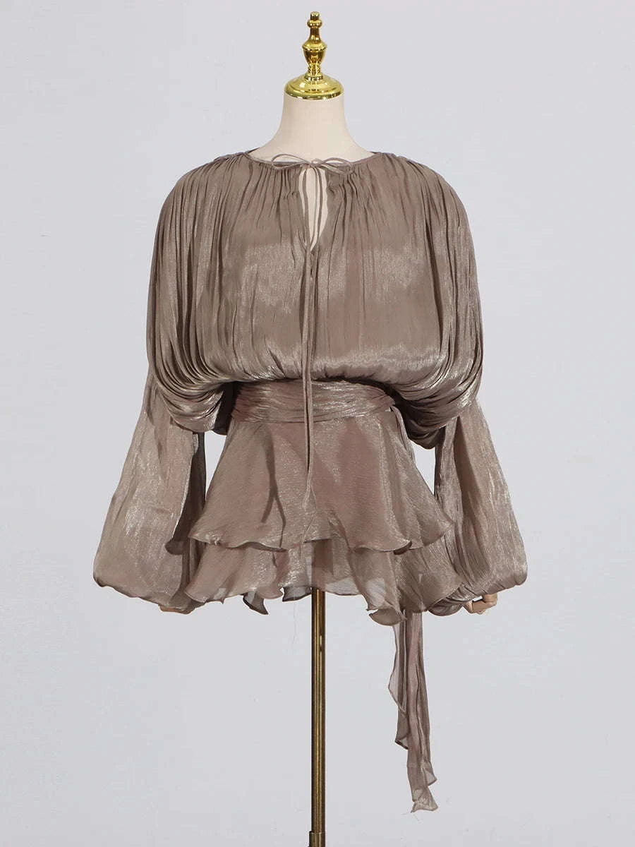 Women's Loose Lace-Up Patchwork Dress-APRICOT / XL