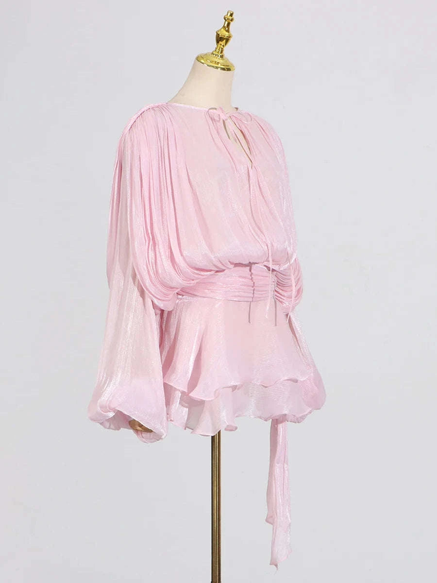 Women's Loose Lace-Up Patchwork Dress-APRICOT / XL