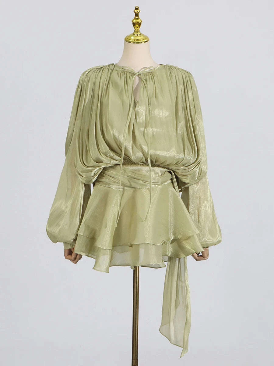 Women's Loose Lace-Up Patchwork Dress-APRICOT / XL