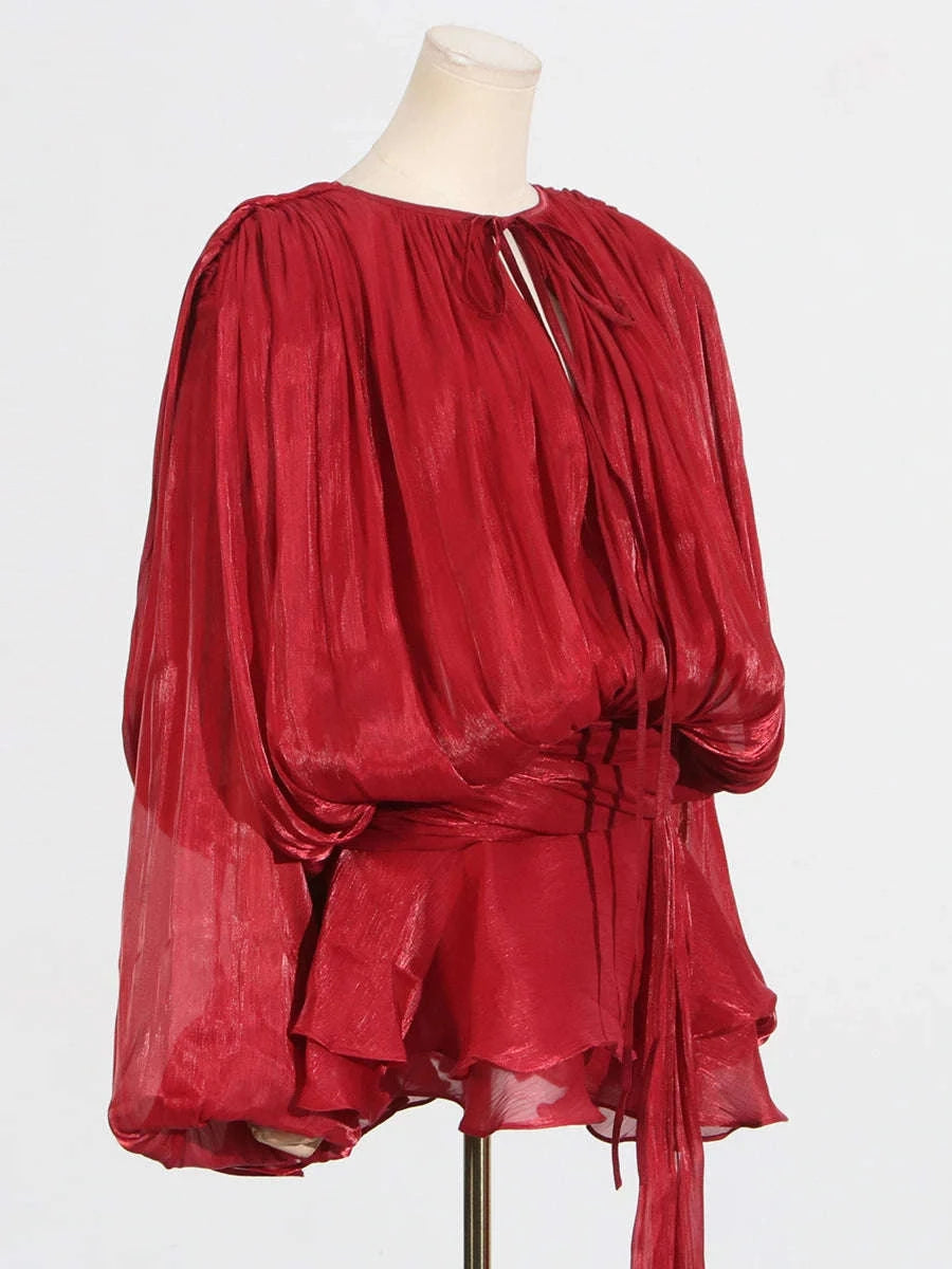 Women's Loose Lace-Up Patchwork Dress-APRICOT / XL