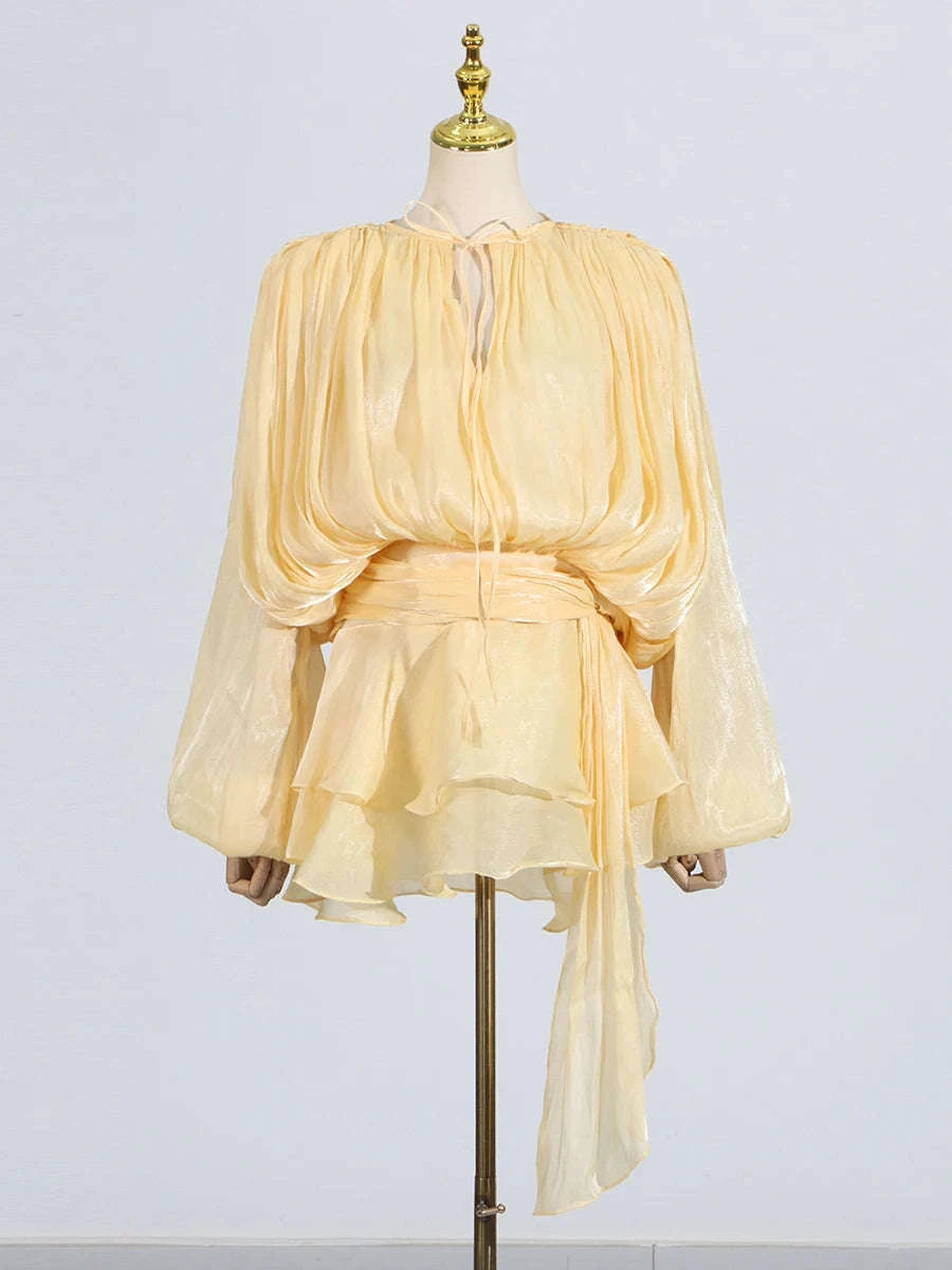 Women's Loose Lace-Up Patchwork Dress-APRICOT / XL