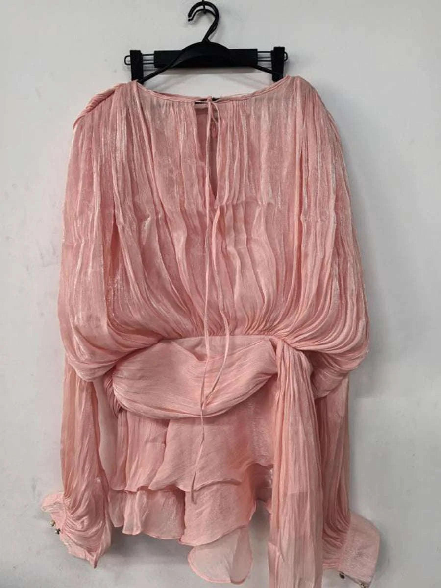 Women's Loose Lace-Up Patchwork Dress-APRICOT / XL