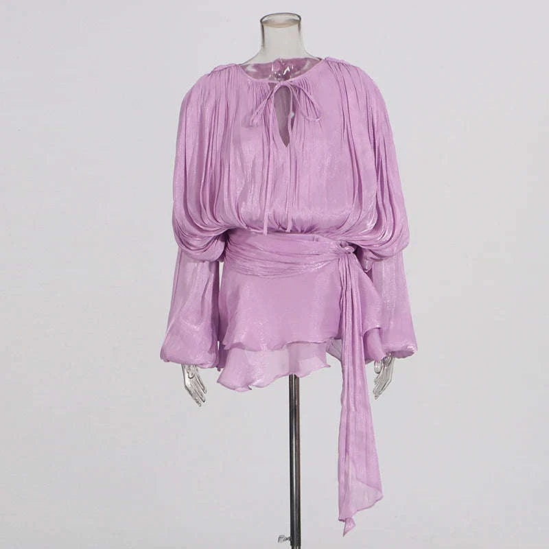 Women's Loose Lace-Up Patchwork Dress-APRICOT / XL