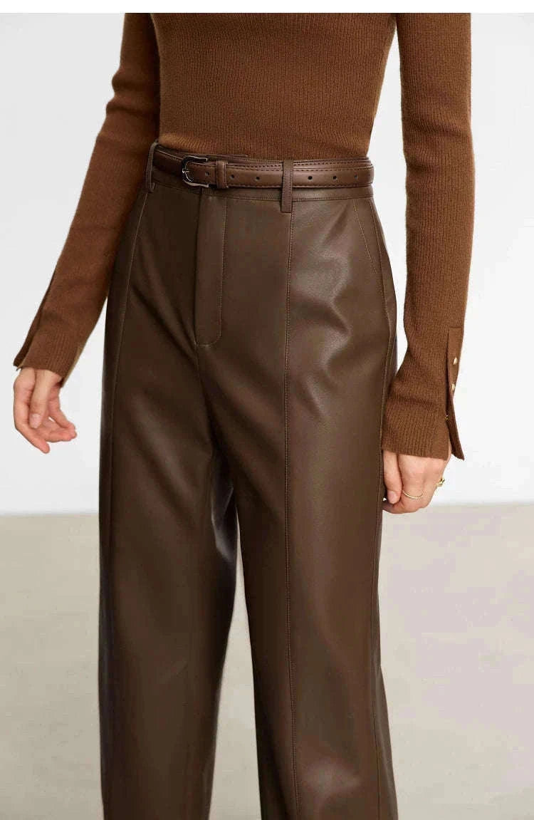 Women's Loose PU Leather Straight Leg Pants with Side Slit Floor Length-Camel Pants / S