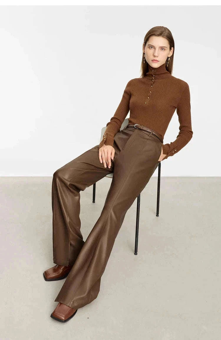 Women's Loose PU Leather Straight Leg Pants with Side Slit Floor Length-Camel Pants / S