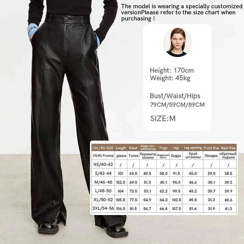Women's Loose PU Leather Straight Leg Pants with Side Slit Floor Length-Camel Pants / S