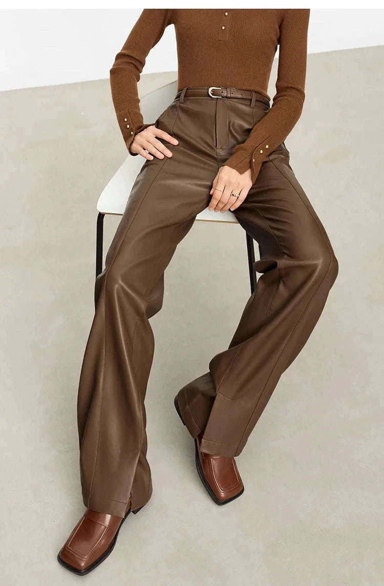Women's Loose PU Leather Straight Leg Pants with Side Slit Floor Length-Camel Pants / S