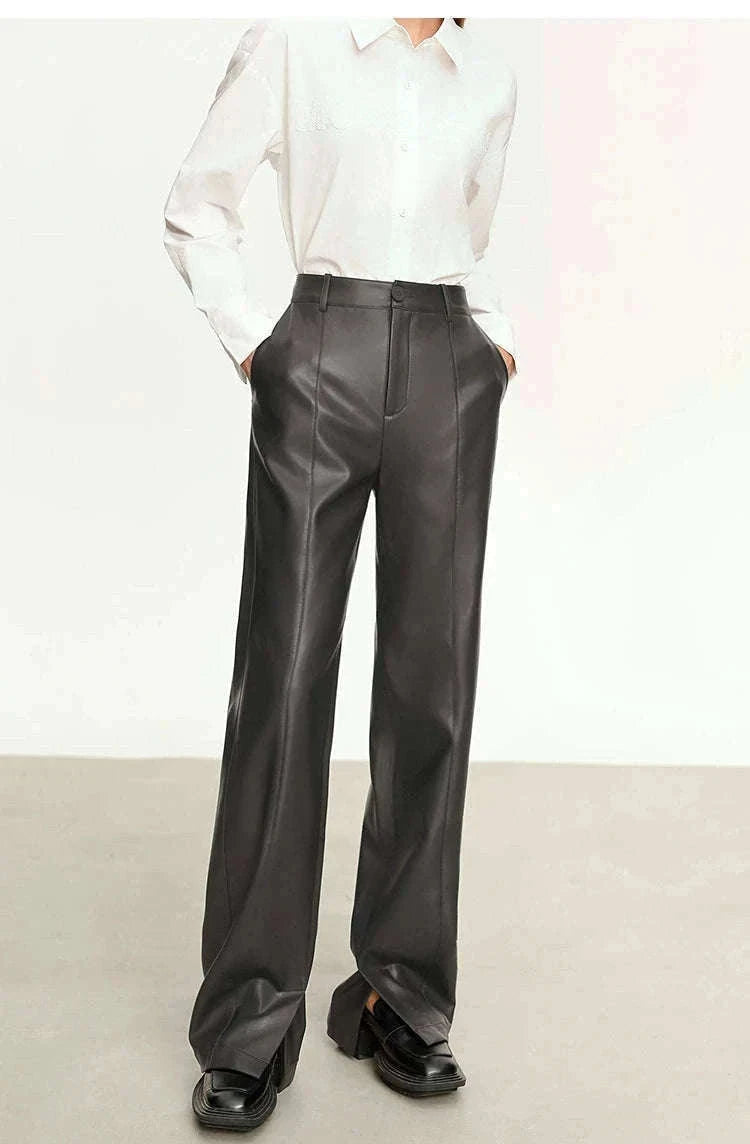 Women's Loose PU Leather Straight Leg Pants with Side Slit Floor Length-Camel Pants / S