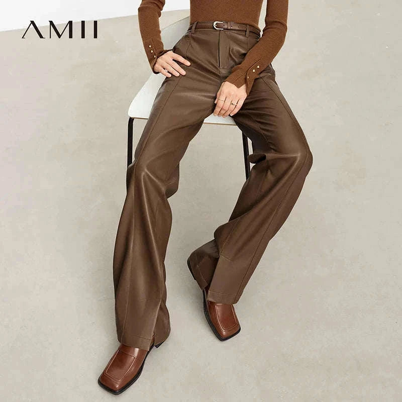 Women's Loose PU Leather Straight Leg Pants with Side Slit Floor Length-Camel Pants / S