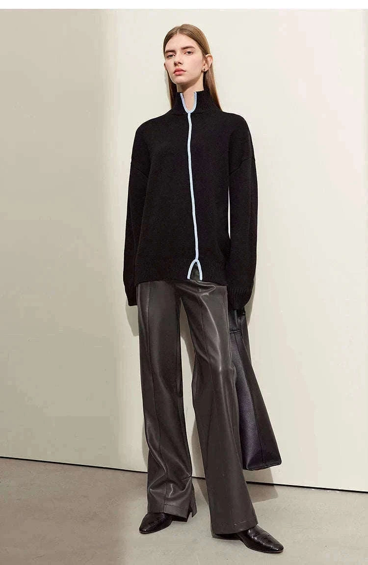 Women's Loose PU Leather Straight Leg Pants with Side Slit Floor Length-Camel Pants / S