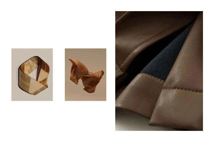 Women's Loose PU Leather Straight Leg Pants with Side Slit Floor Length-Camel Pants / S