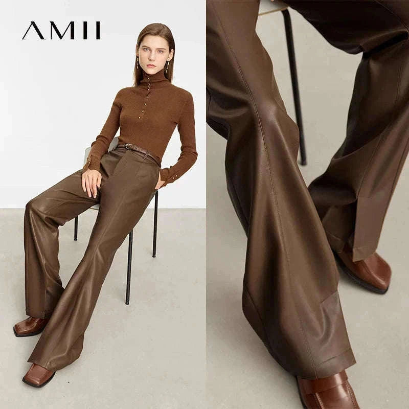 Women's Loose PU Leather Straight Leg Pants with Side Slit Floor Length-Camel Pants / S