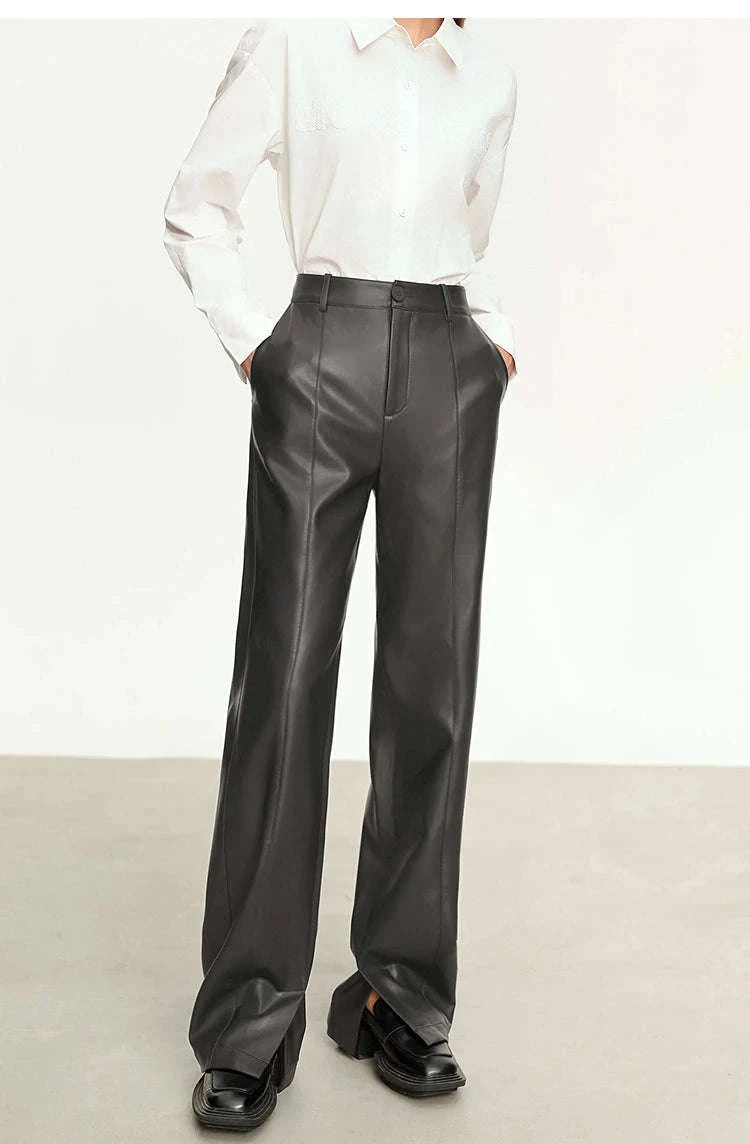 Women's Loose PU Leather Straight Leg Pants with Side Slit Floor Length-Camel Pants / S